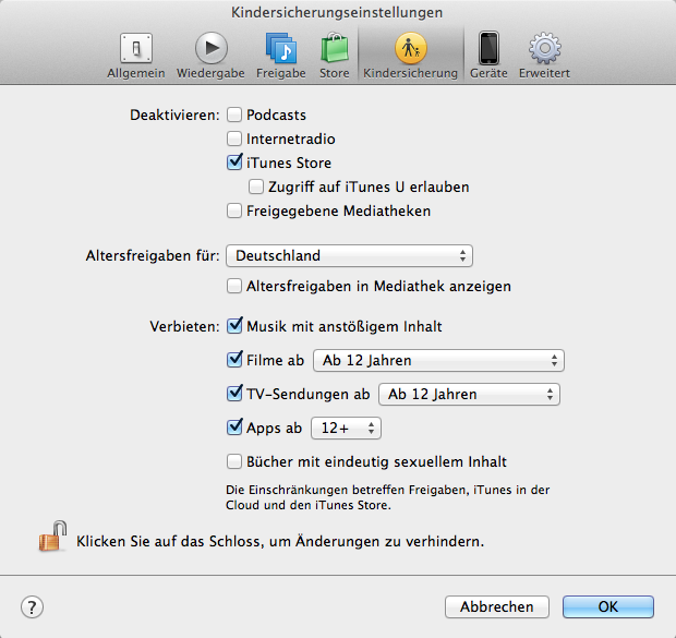 iTunes Kindersicherungseinstellungen